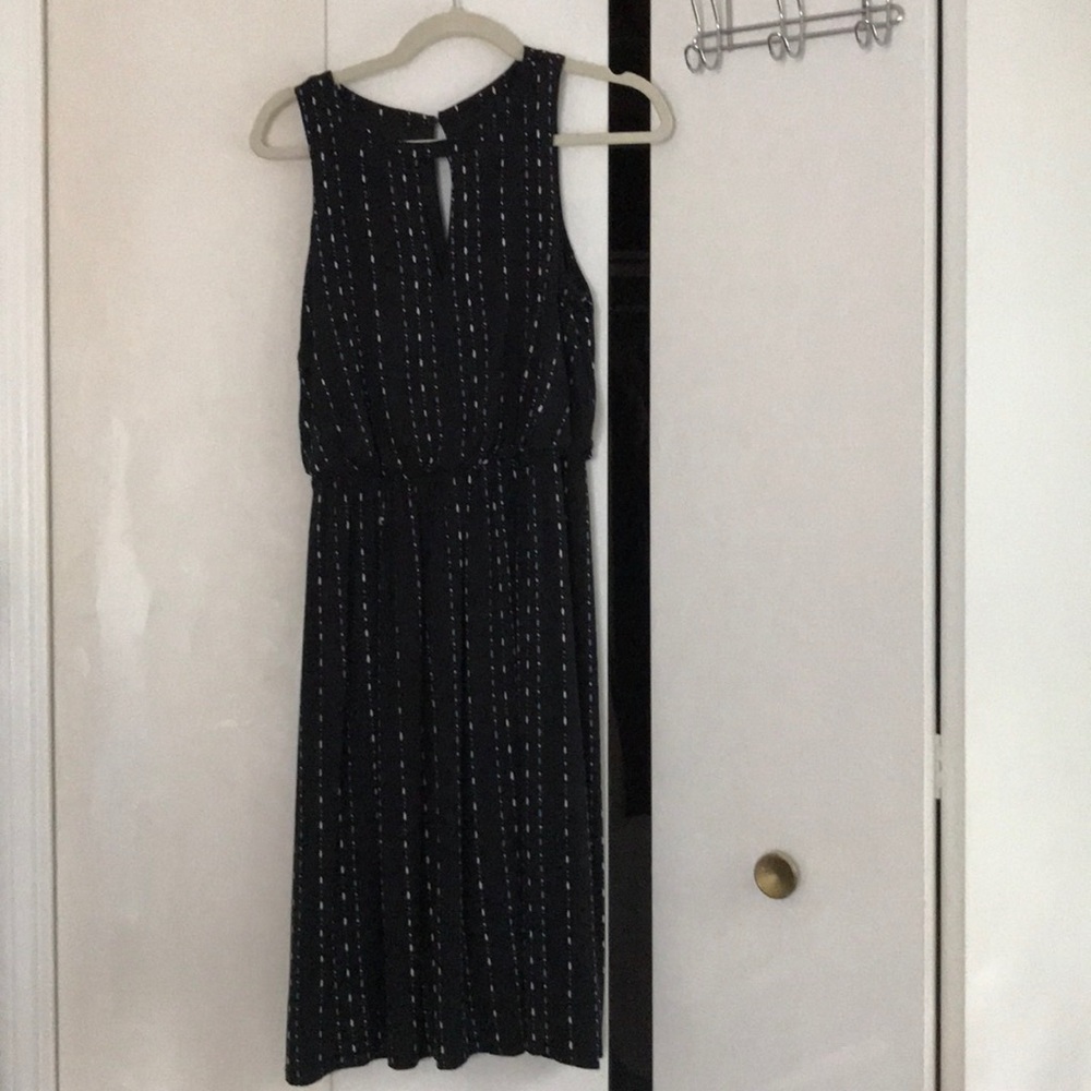 Black + blue/white patterned midi dress - like new